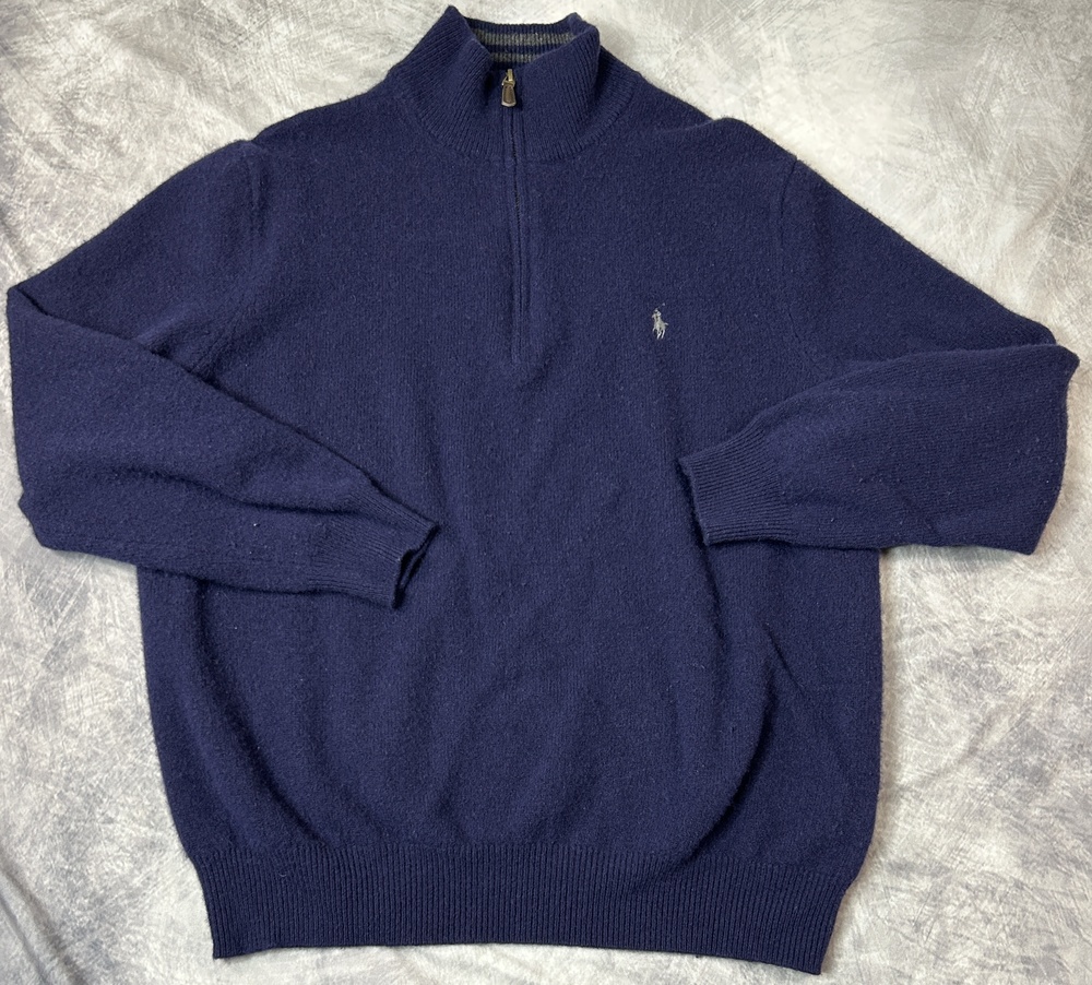 Polo Ralph Lauren Sweater Mens 2XL Blue Quarter Zip Mock Neck Wool Cashmere
